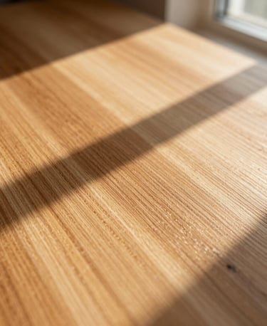 Macro shot of warm wood grain melamine paper texture, golden hour sunlight casting soft diagonal window shadows, tactile and premium surface detail, 35mm lens