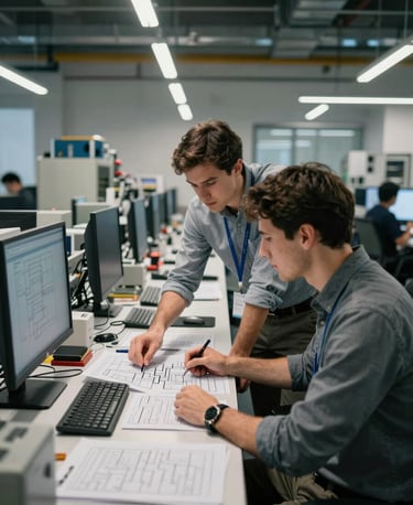Wide environmental shot of a busy engineering office, two professionals reviewing technical documents spread across a standing desk under cool overhead lighting, one pointing at a circuit diagram, real industrial equipment visible in the background, mid-distance framing