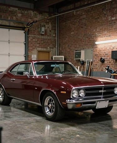 A classic vintage muscle car finished in deep burgundy with gleaming chrome trim, parked inside a gritty yet sophisticated Detroit garage with brick walls, soft ambient workshop lighting, nostalgic and masculine atmosphere, North American / Detroit US.