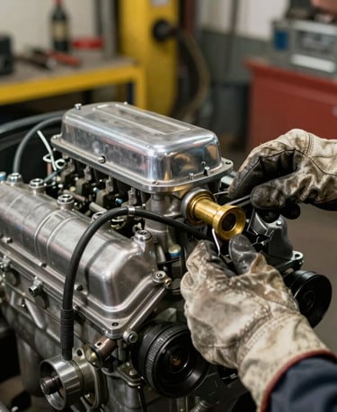 Close-up of mechanic hands in worn leather gloves working on a classic V8 carburetor engine, soft yellow warehouse light reflecting on polished steel and brass tools, vintage garage setting, North American / Detroit US.