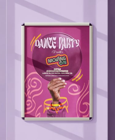 Poster promocional de Moving On con motivos rosas y disco sobre una pared morada