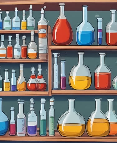 Close-up of colorful chemical bottles neatly arranged on a lab shelf