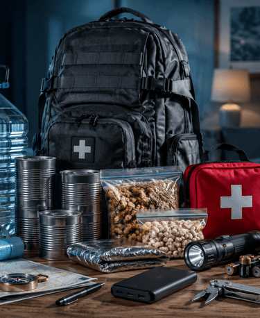 Emergency survival kit with a tactical backpack, first aid supplies, canned food, and water for disaster preparedness.