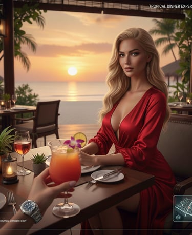 POV immersive experience of a luxury tropical dinner at sunset, virtual trip travel perspective with