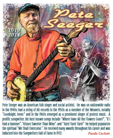 Cachet illustration of Pete Seeger playing banjo