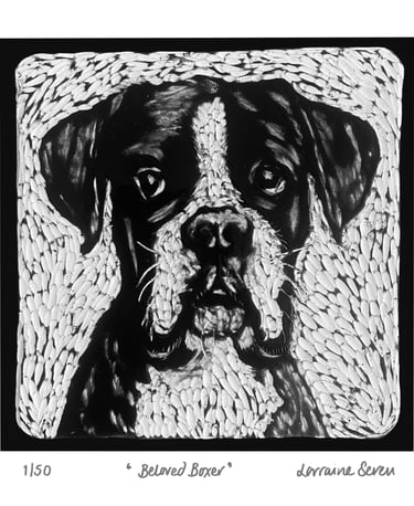 Limited edition giclee print of a clay tile featuring a Boxer dog