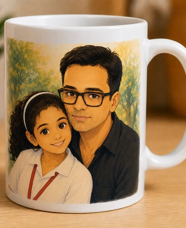 Customized white ceramic mug featuring a personalized father and daughter illustration on a desk.
