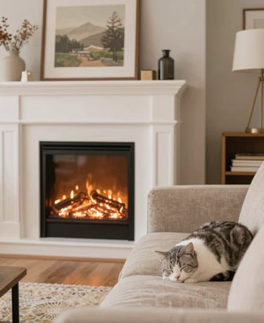 A warm living room nook with soft cushions, a textured throw, and a glowing amber lamp casting gentle light.