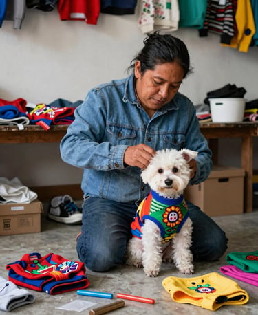 Una persona con una chaqueta vaquera le está poniendo un suéter colorido a un perrito blanco