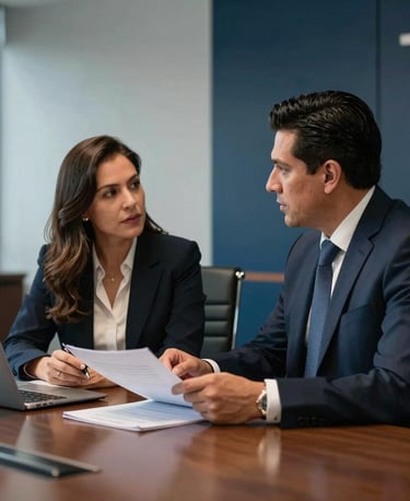 Two professional Mexican / Latin American attorneys, a man and a woman in formal business suits, discussing legal contracts in a modern conference room in Monterrey, steel blue and dark navy corporate backdrop, daytime soft light.