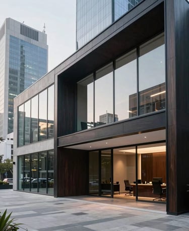 A sleek and modern corporate law office in Monterrey, Mexico, featuring clean architecture with large window glass overlooking urban skyscrapers, dark navy wood accents, soft daylighting, elegant Latin American professional setting, wide angle photography.