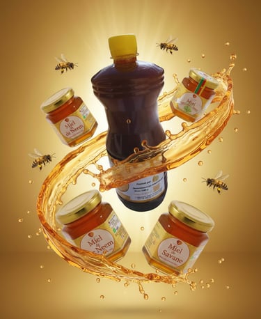 a bottle of honey syrup with honeycombs and honey