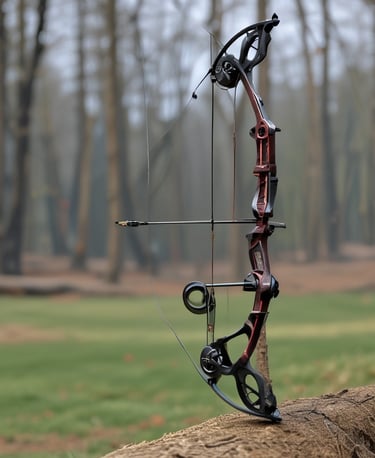 A sleek recurve bow resting on a wooden stand with natural light highlighting its curves.