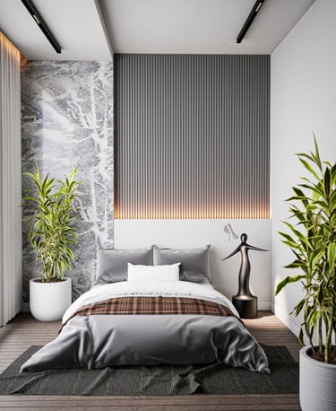 Modern master bedroom featuring a grey slat wall, marble accent panel, and lush green indoor plants.