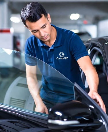 Convoyeur professionnel Convoi-RM vérifiant la sécurité d'un véhicule avant le transport