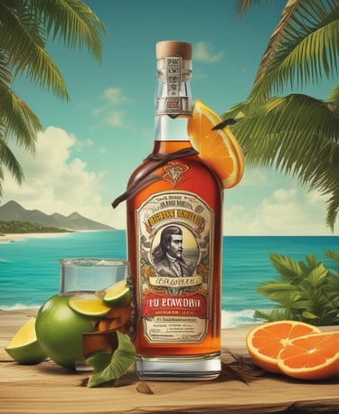 A bottle of golden spiced rum with cinnamon sticks and vanilla pods beside it