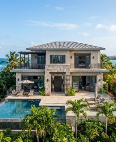 Modern Caribbean home with secure architecture, clean lines, and hurricane-resistant features, under bright, clear tropical morning light.