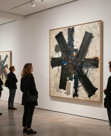 A sophisticated modern art gallery in a Global / Cosmopolitan Urban center. Large abstract expressionist canvas paintings with dark textured strokes are spotlighted on minimalist walls. Chic visitors observe with intense focus.