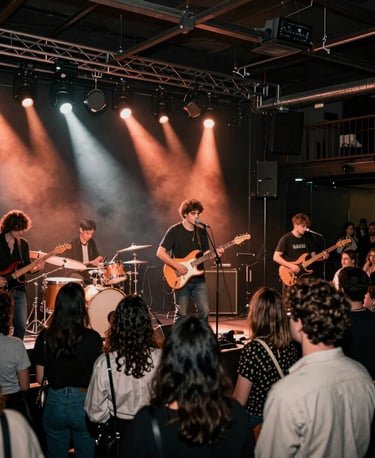 An intimate live music concert in a Global / Cosmopolitan Urban warehouse venue. Vibrant copper spotlights illuminate a raw live band on stage. The atmosphere is electric, moody, and exclusive with a stylish audience.