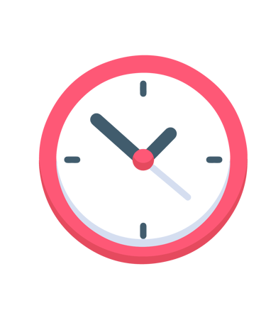 A round pink wall clock icon with a black face and white hands showing time.