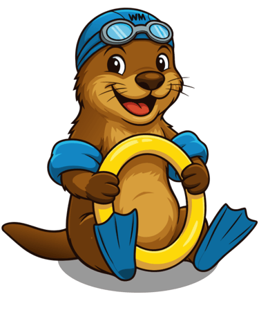 De vrolijke otter mascotte van NextWave zwemschool in Liedekerke met zwembril en badmuts.