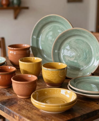 A beautiful display of colorful artisan ceramic cups and plates arranged on a rustic wooden table in a South American / Brazilian home. The glazes feature rich terracotta, warm mustard yellow, and muted sage green hues.
