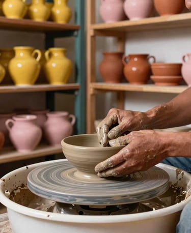 Artisan potter hands shaping a clay bowl on a traditional wheel inside a brightly lit South American / Brazilian studio. Surrounding shelves display ceramics glazed in warm mustard yellow, terracotta, and soft dusty rose pink.