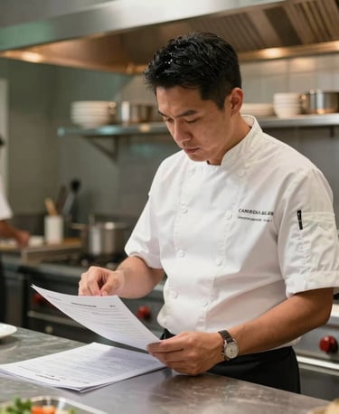 A professional North American / Canadian chef consultant standing in a modern restaurant kitchen wearing clean chef attire, reviewing printed operational guidelines on a stainless steel prep station with sage green and warm copper ambient lighting.