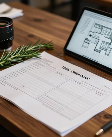 An organized executive desk in a North American / Canadian restaurant office with food costing worksheets, invoice tracking logs, fresh rosemary sprigs, and a tablet displaying kitchen layout blueprints under warm directional lighting.