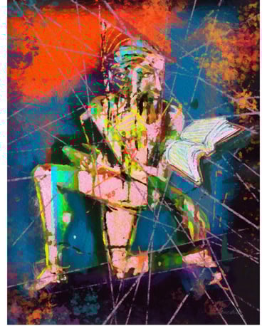 Farbintensiver Fine-Art-Print mit sitzender Figur und aufgeschlagenem Buch in Lichtlinien.