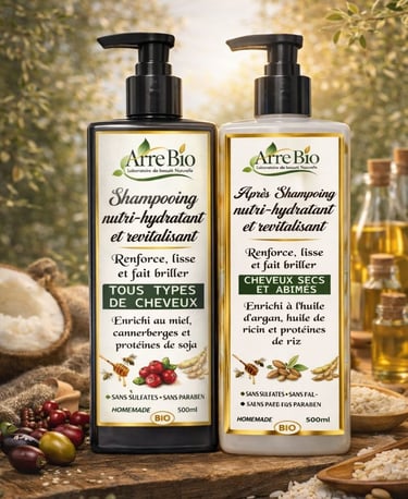 Arre Bio natural shampoo and conditioner bottles on a wooden table with olives and honey ingredients.