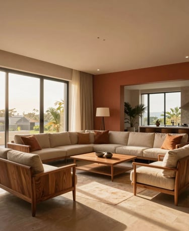 Wide-angle shot of a luxury apartment living room in Cotonou, warm golden hour sunlight streaming through floor-to-ceiling windows, minimalist terracotta accents, high-end local teak furniture.