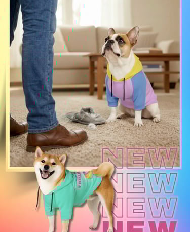 a dog wearing a colorful sweater and a dog wearing a sweater