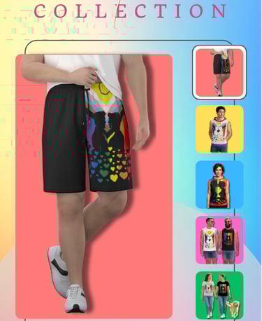 a man in a white shirt and shorts with a gay couple kissing graphic