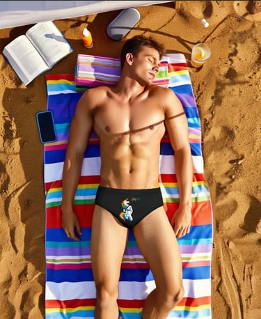 Pride swimwear model wearing rainbow-themed trunks on beach