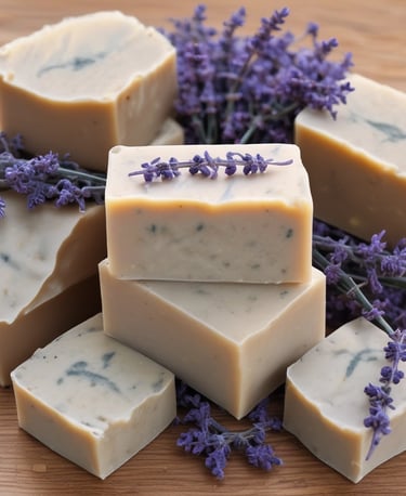 Close-up of a handmade soap with soft floral patterns on a wooden surface