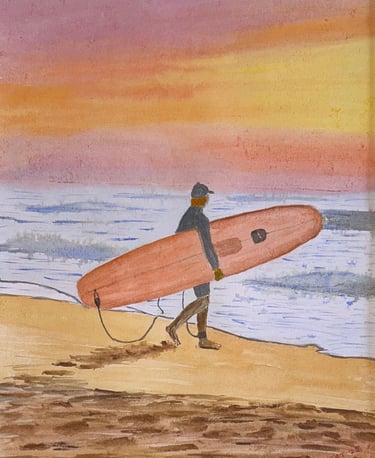 Original painting depicting a lone surfer walking along the shoreline at sunrise.