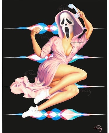 Pin Up, Pinup woman in pink robe, Halloween, Scream mask, on phone, retro and vintage and spooky
