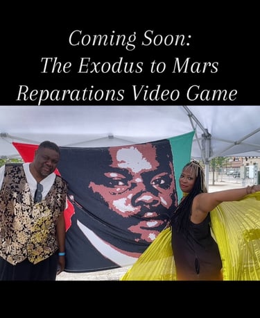 Braxton Vanzant stands beside an artist rendering of Marcus Garvey as Anita Belle spreads gold wings
