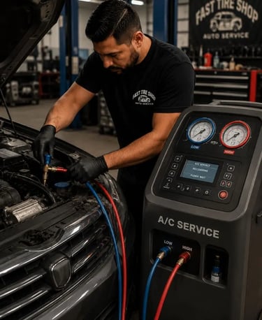 Professional A/C service at Fast Tire Shop featuring automotive air conditioning repair, refrigerant