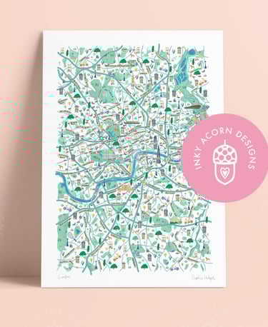a map of london's streets, with little illustrations dotted around