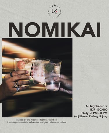 Kenji Ramen Bali Nomikai happy hour poster - highball cocktail promo at Japanese izakaya Canggu