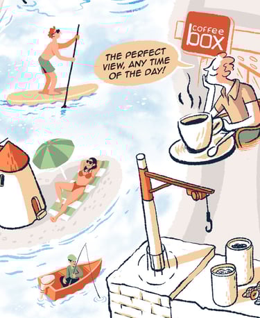 Illustration of coastal summer activities including paddle boarding, sunbathing by a windmill, and fishing.