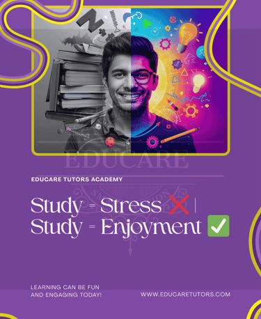 Educare Tutors blog poster showing Study as Stress vs Study as Game with students illustration