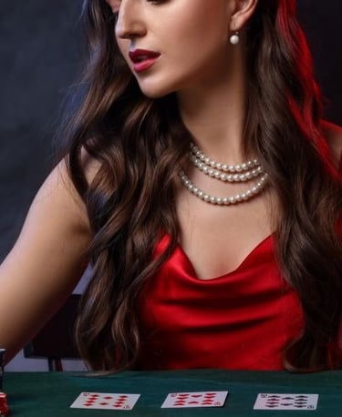 a woman in a red dress playing cards