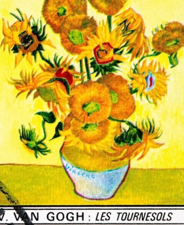 Vintage art print of Vincent van Gogh's Sunflowers in a vase with vibrant yellow textures.