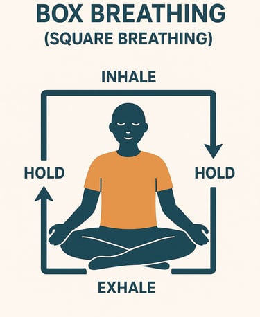 Box breathing exercise infographic showing inhale, hold, exhale, hold steps