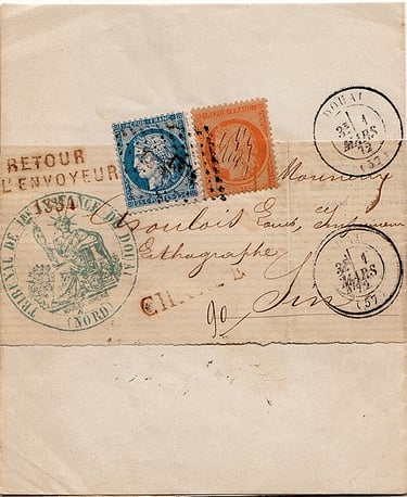 1872: Lettre chargée jusque 10 g de DOUAI pour SIN LE NOBLE