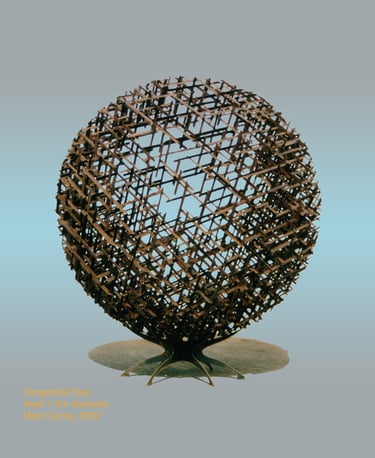 a large rusted steel cross-hatched sphere shaped sculpture