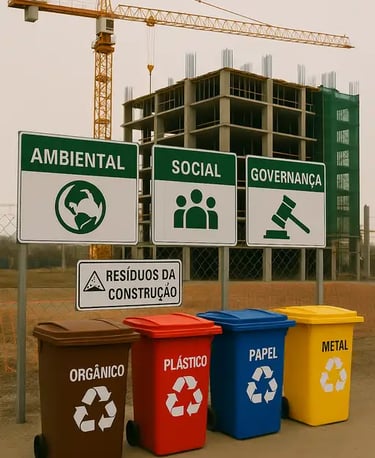 Canteiro de obras com práticas de sustentabilidade ambiental na construção civil.